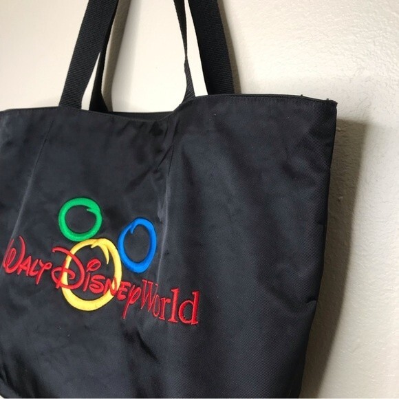 Walt Disney World Embroidered Mickey Mouse Head Outline Black Tote Bag Top Zip - Picture 3 of 15